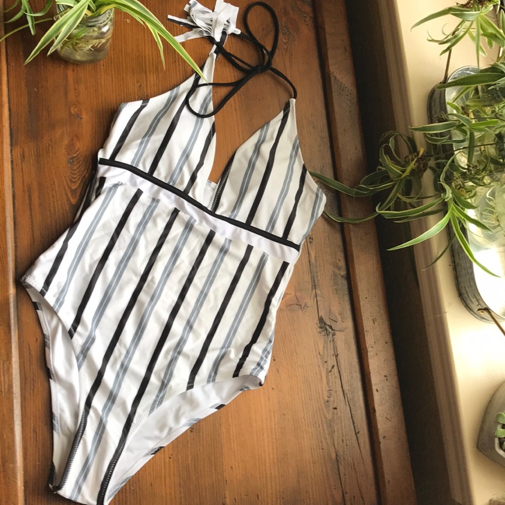 White with black stripes one piece swimsuit